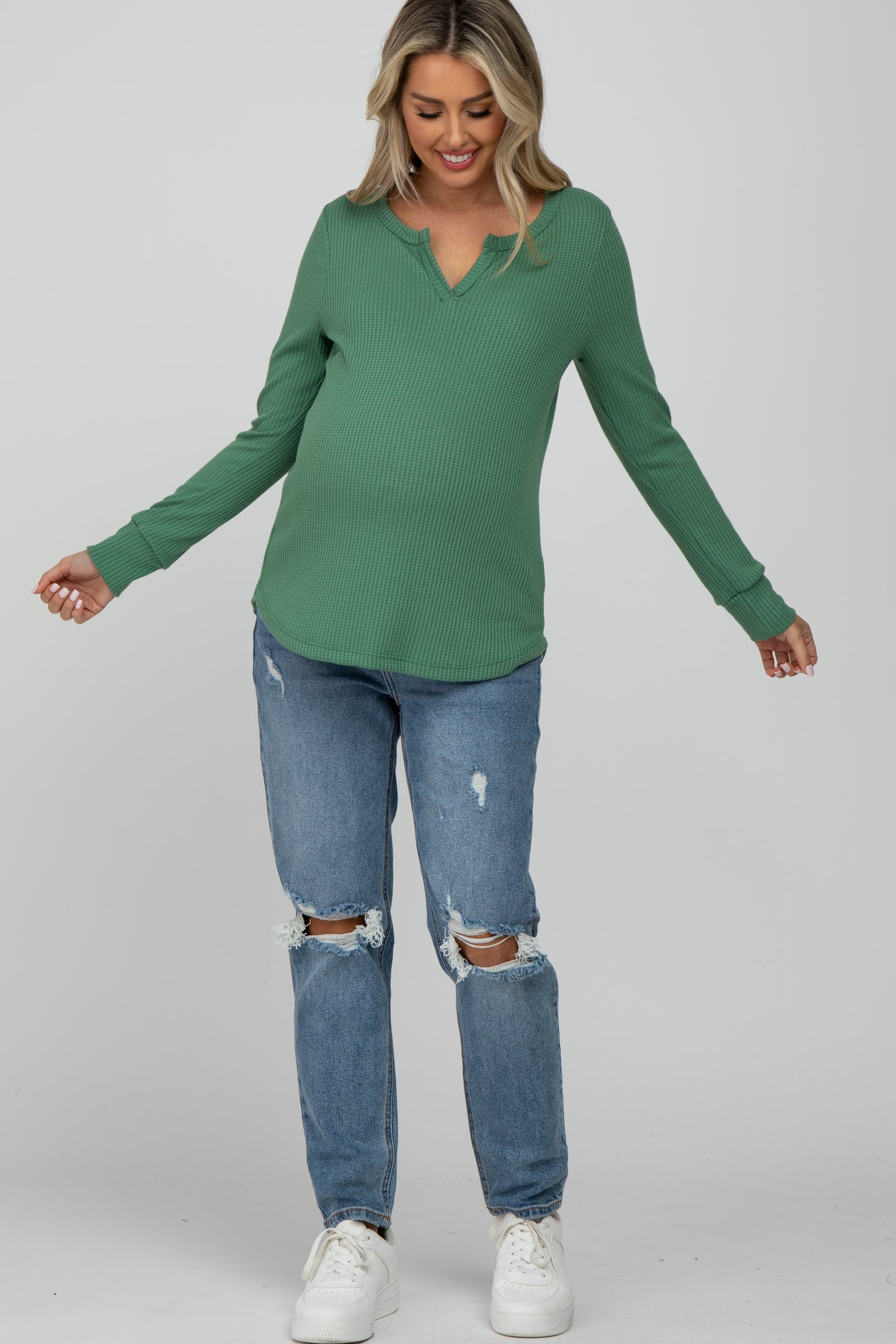 Green Waffle Knit Split Neck Long Sleeve Maternity Top