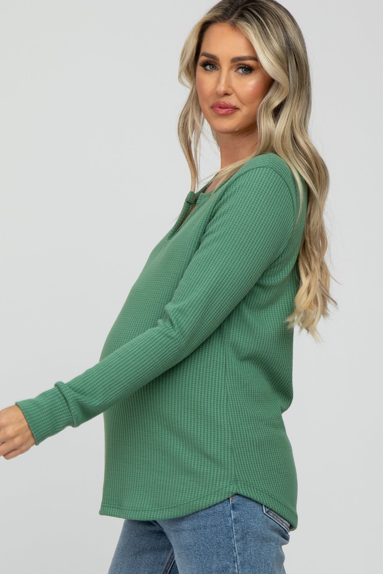 Green Waffle Knit Split Neck Long Sleeve Maternity Top