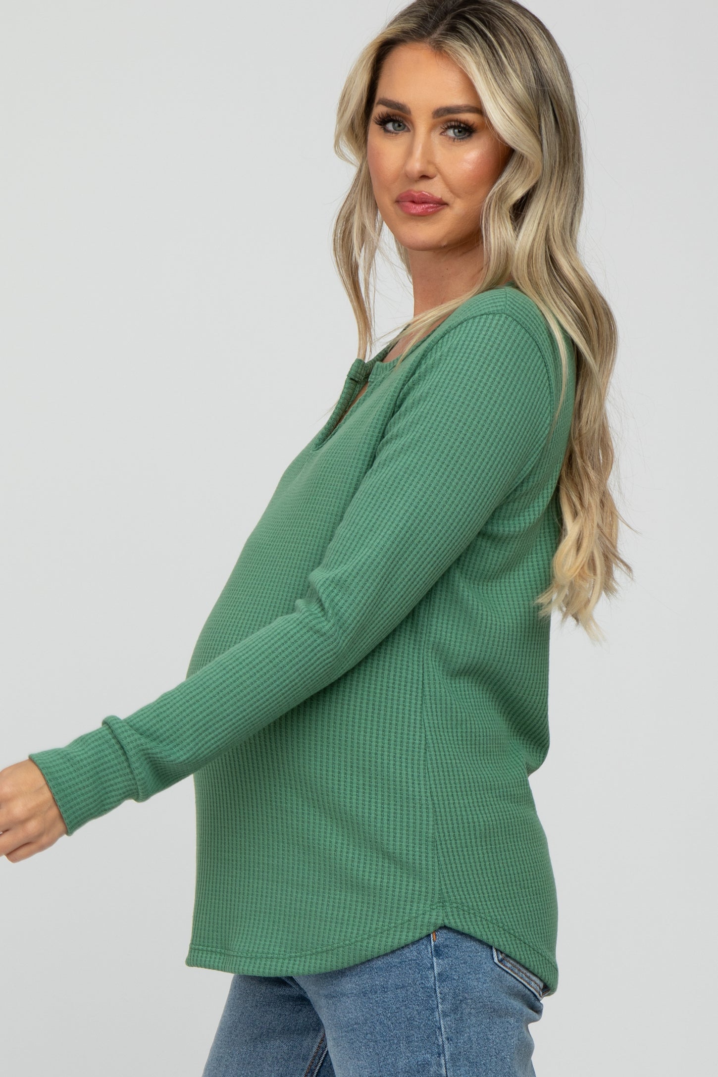 Green Waffle Knit Split Neck Long Sleeve Maternity Top