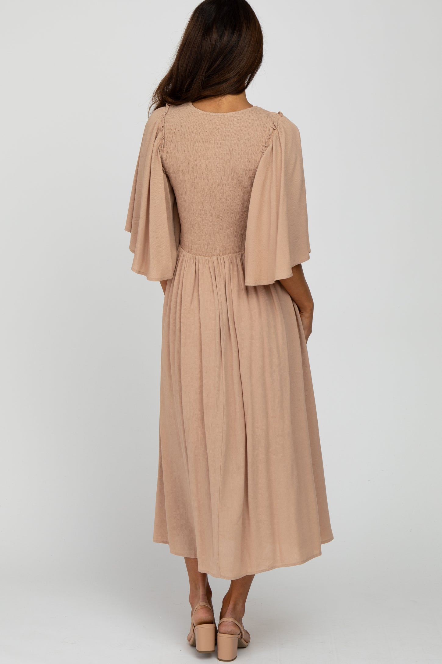 Taupe Smocked Front Ruffle Sleeve Midi Dress