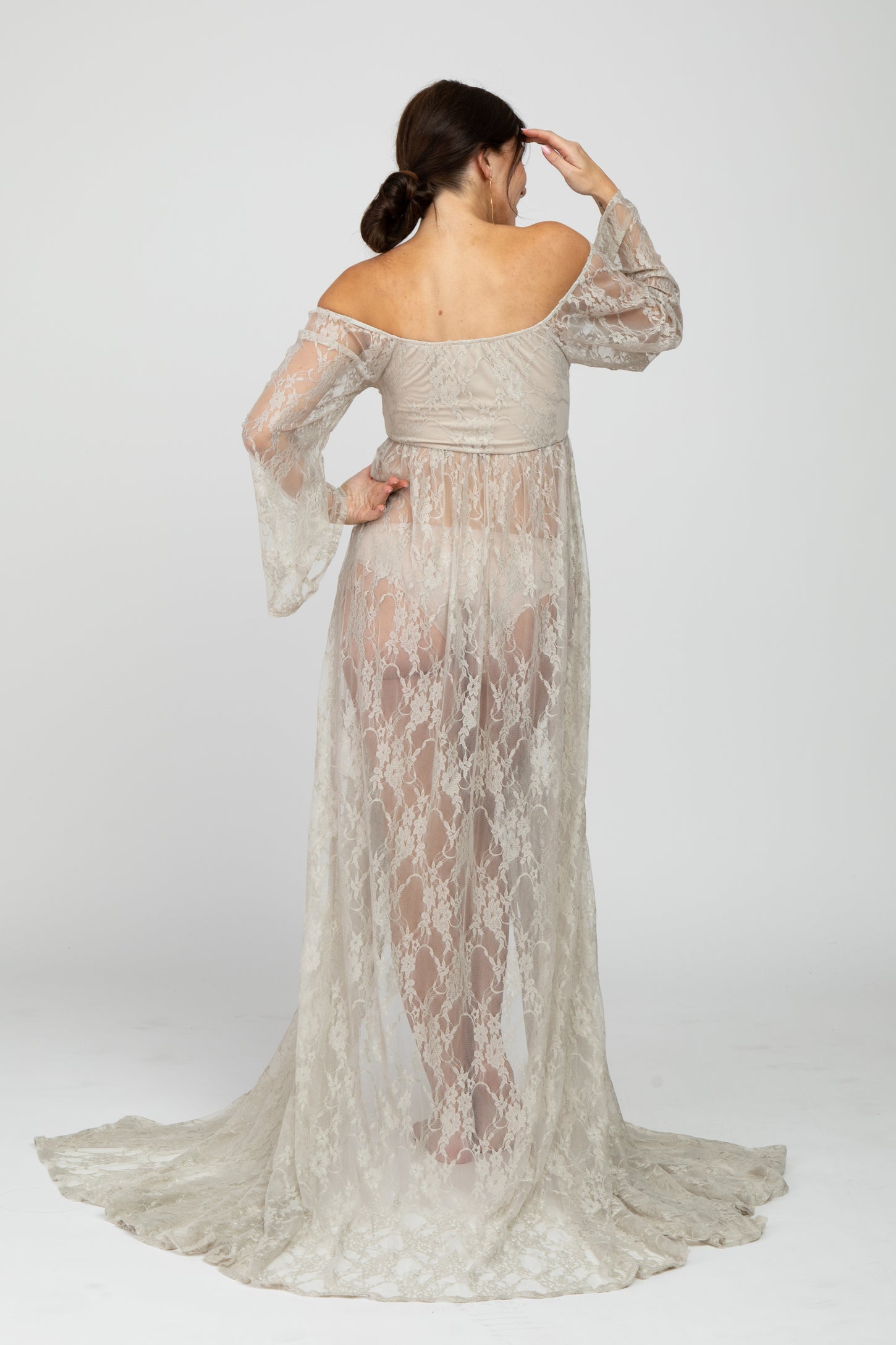 PinkBlush Taupe Lace Off Shoulder Maternity Photoshoot Gown/Dress