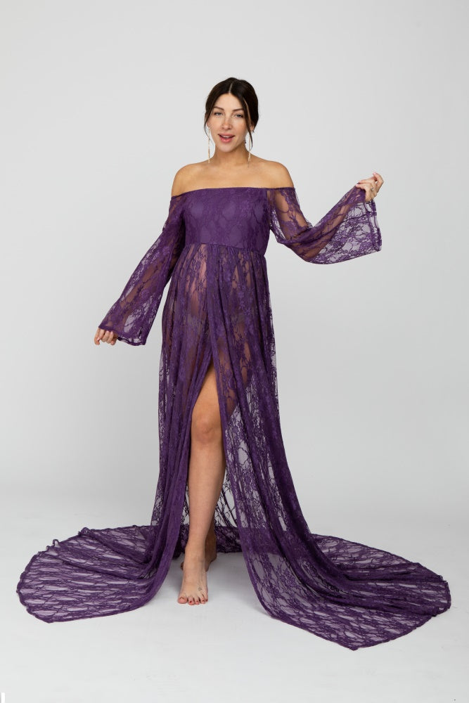 PinkBlush Plum Lace Off Shoulder Maternity Photoshoot Gown/Dress