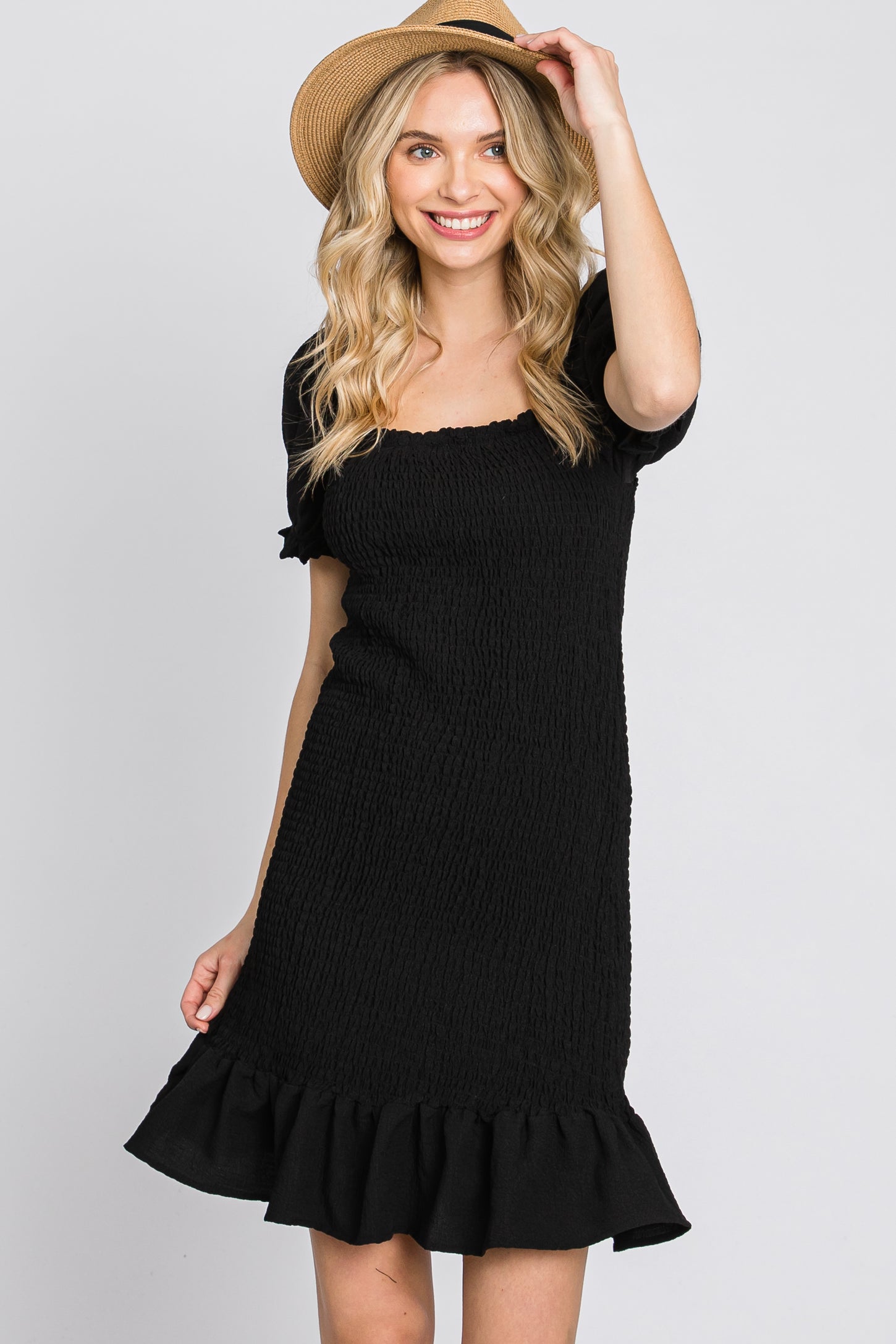 Black Smocked Puff Sleeve Dress