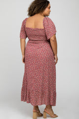 Mauve Floral Smocked Square Neck Maternity Plus Midi Dress