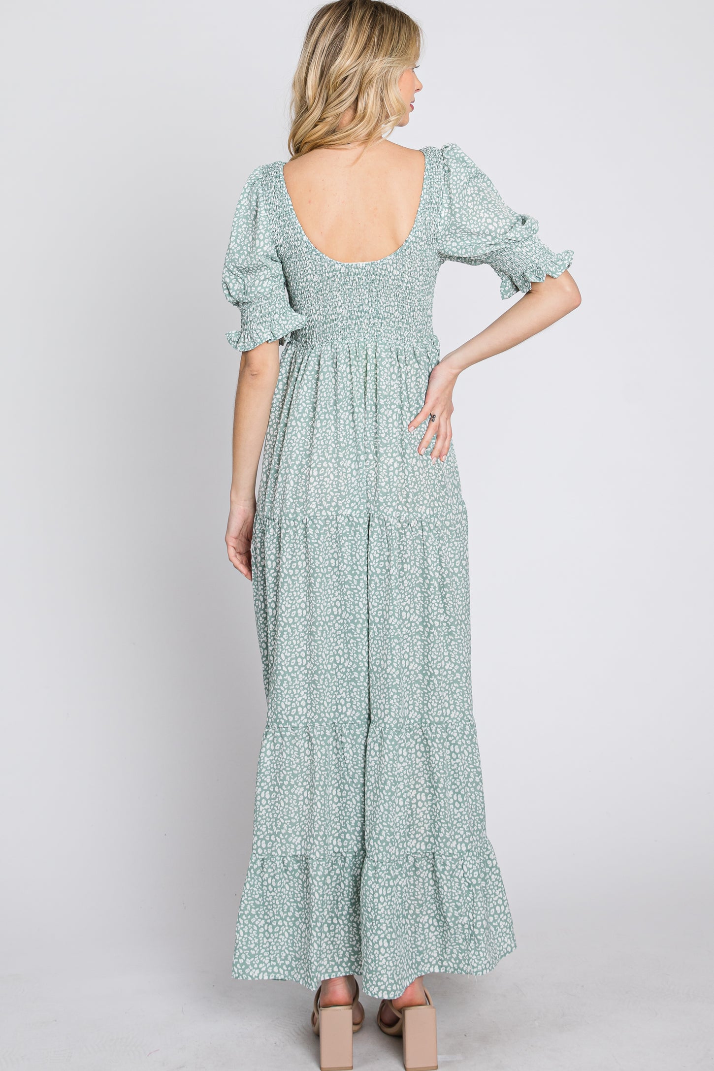 Mint Animal Print Smocked Tiered Maxi Dress