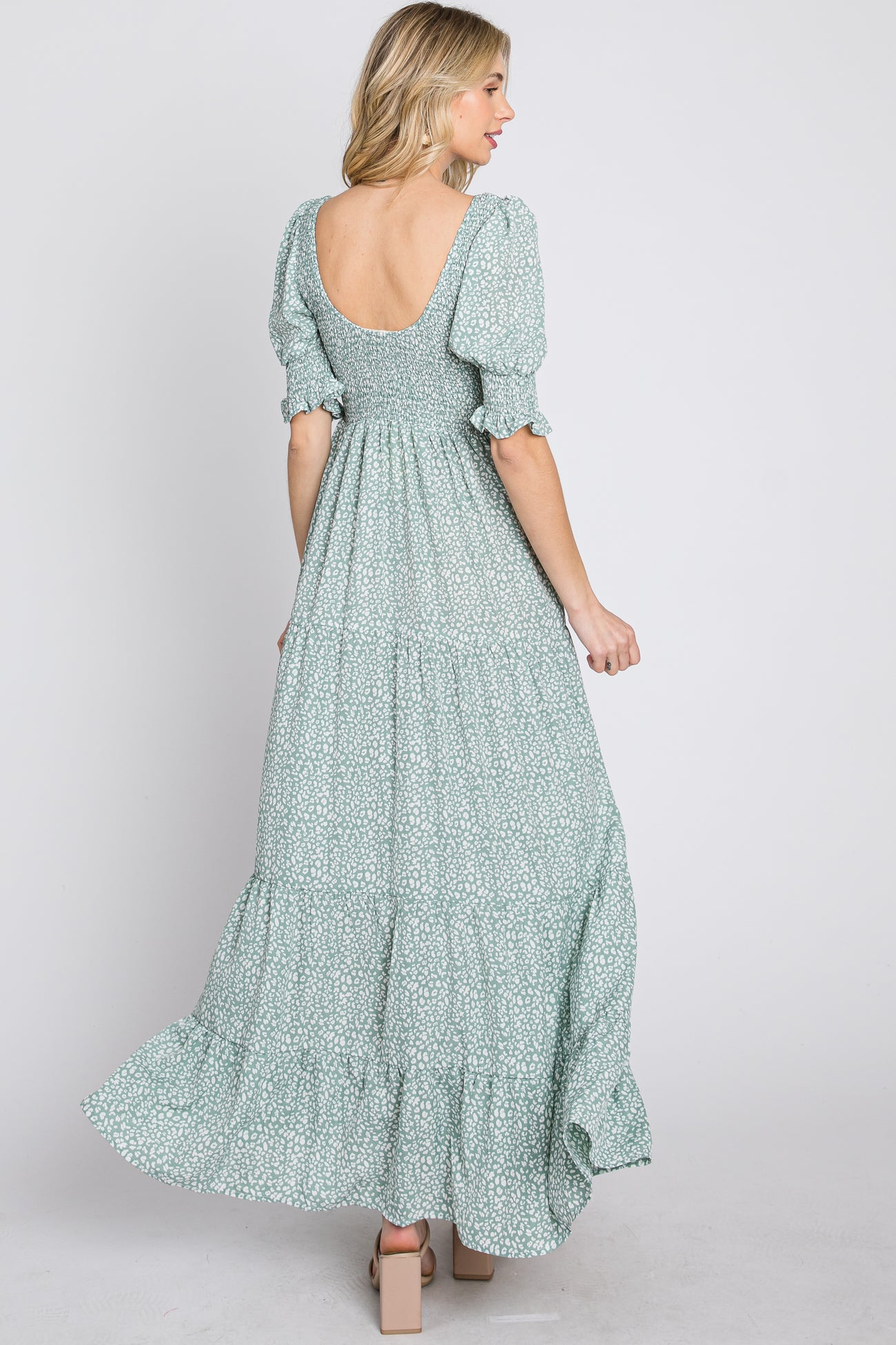 Mint Animal Print Smocked Tiered Maxi Dress