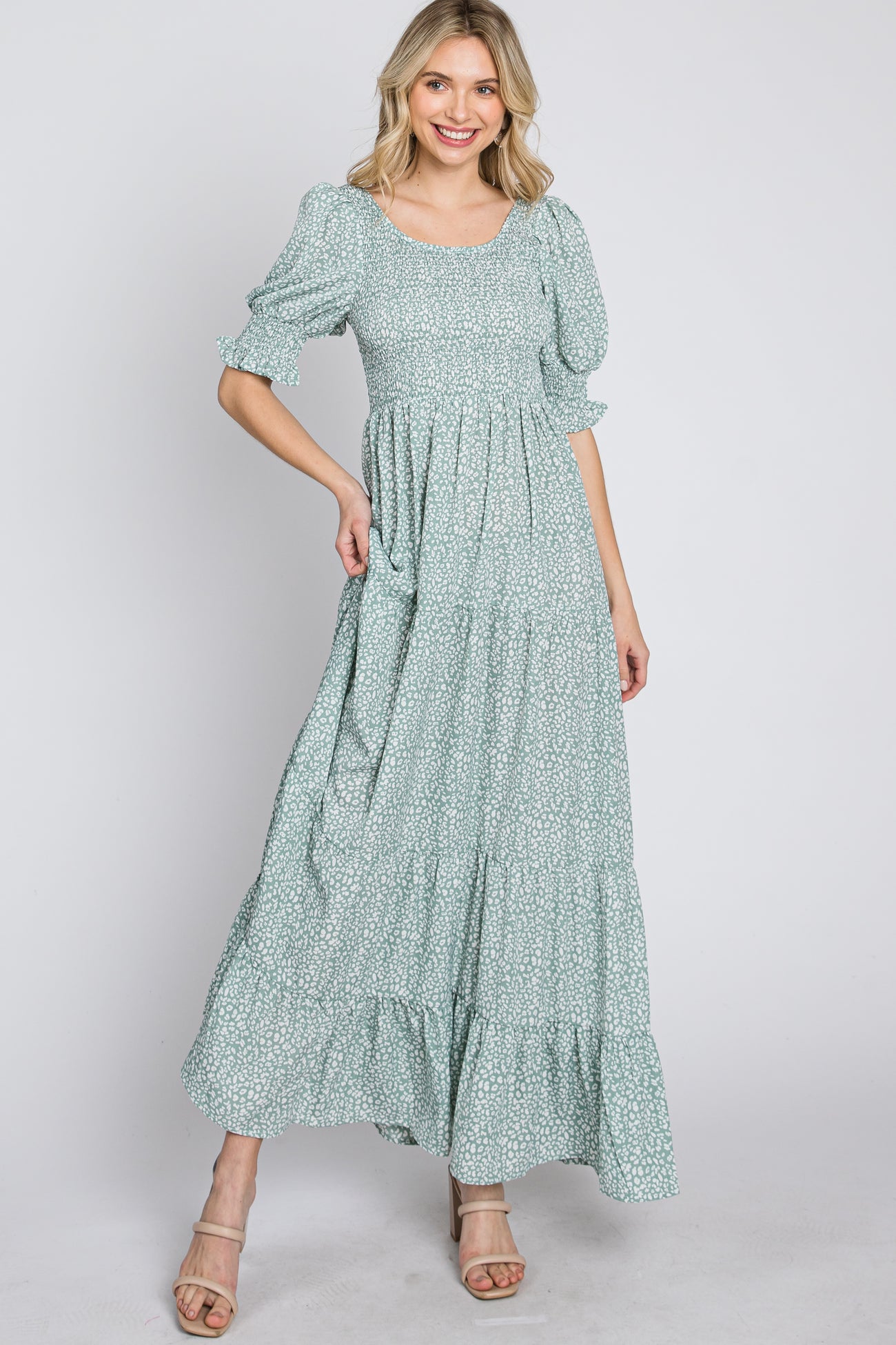 Mint Animal Print Smocked Tiered Maxi Dress