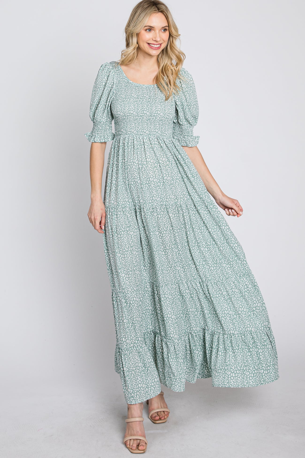 Mint Animal Print Smocked Tiered Maxi Dress