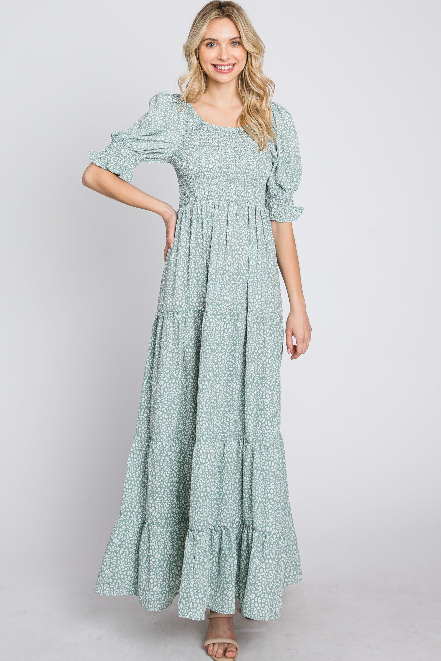 Mint Animal Print Smocked Tiered Maxi Dress