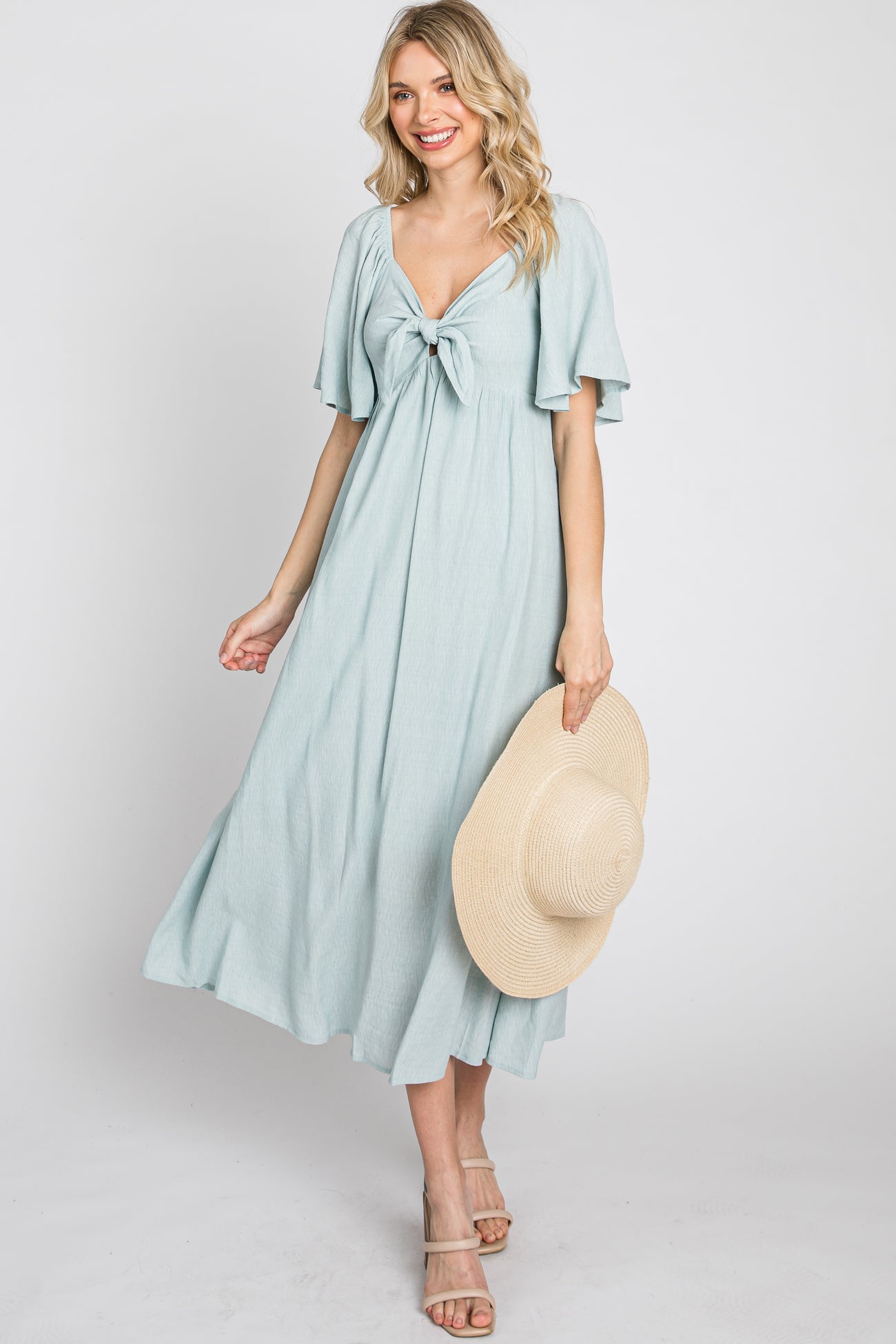 Light Blue Front Tie Ruffle Sleeve Midi Dress