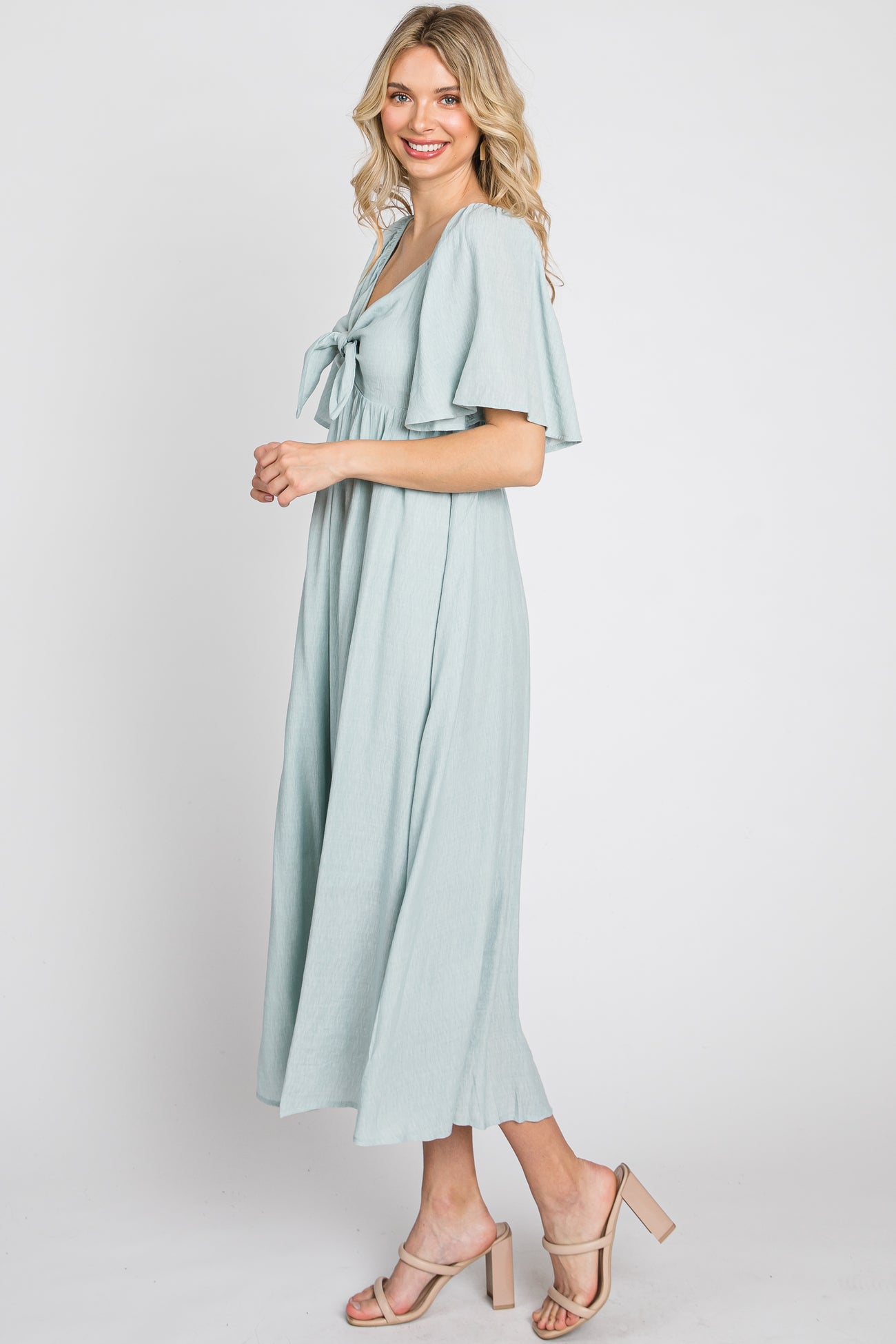 Light Blue Front Tie Ruffle Sleeve Midi Dress