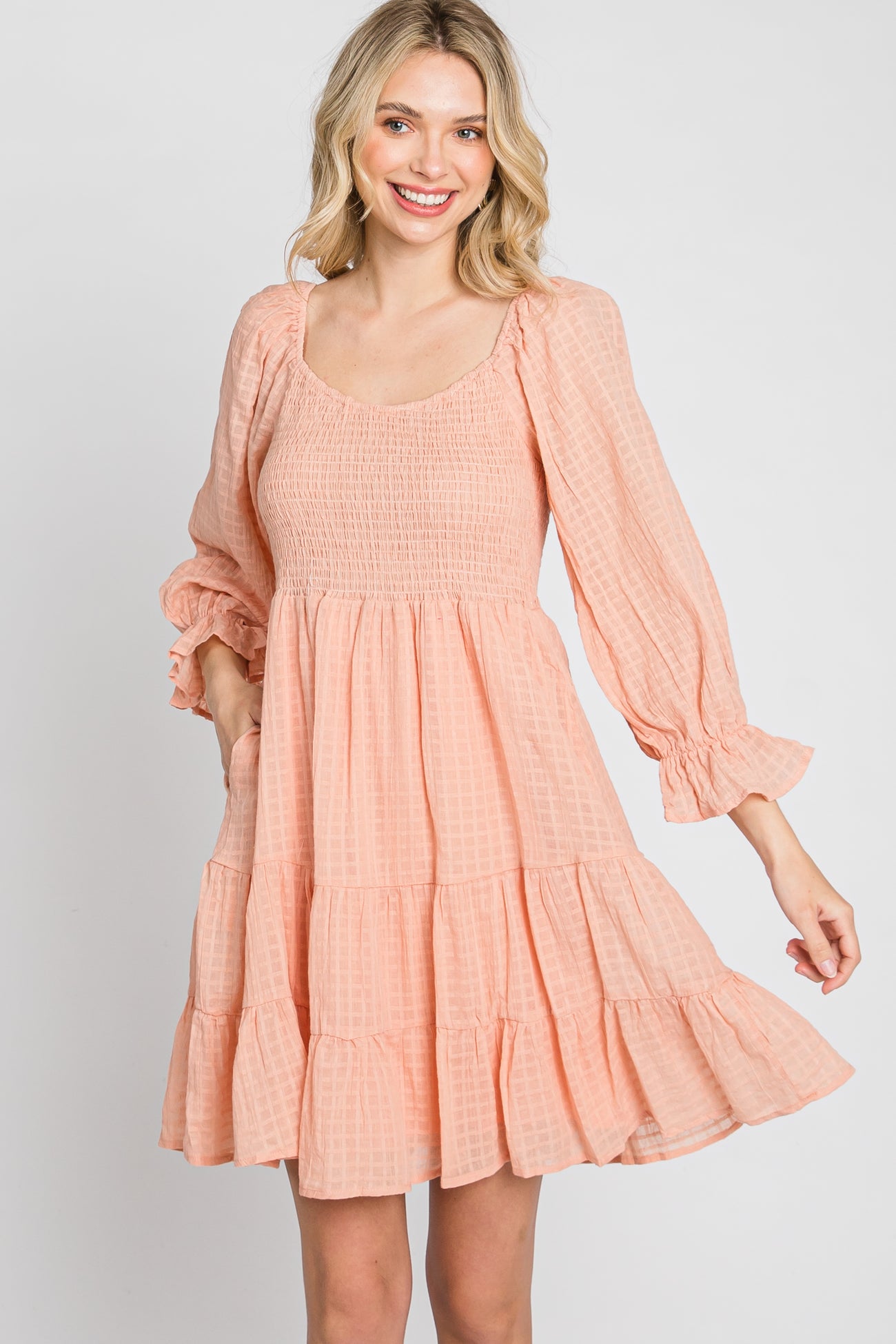 Peach Smocked Tiered 3/4 Ruffle Sleeve Dress