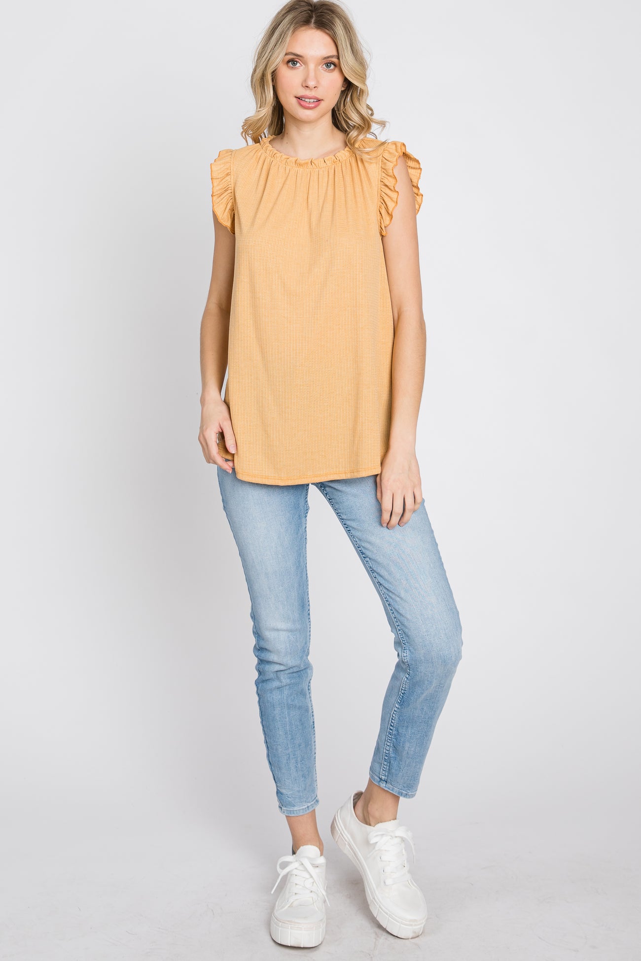 Yellow Ruffle Accent High Neck Top