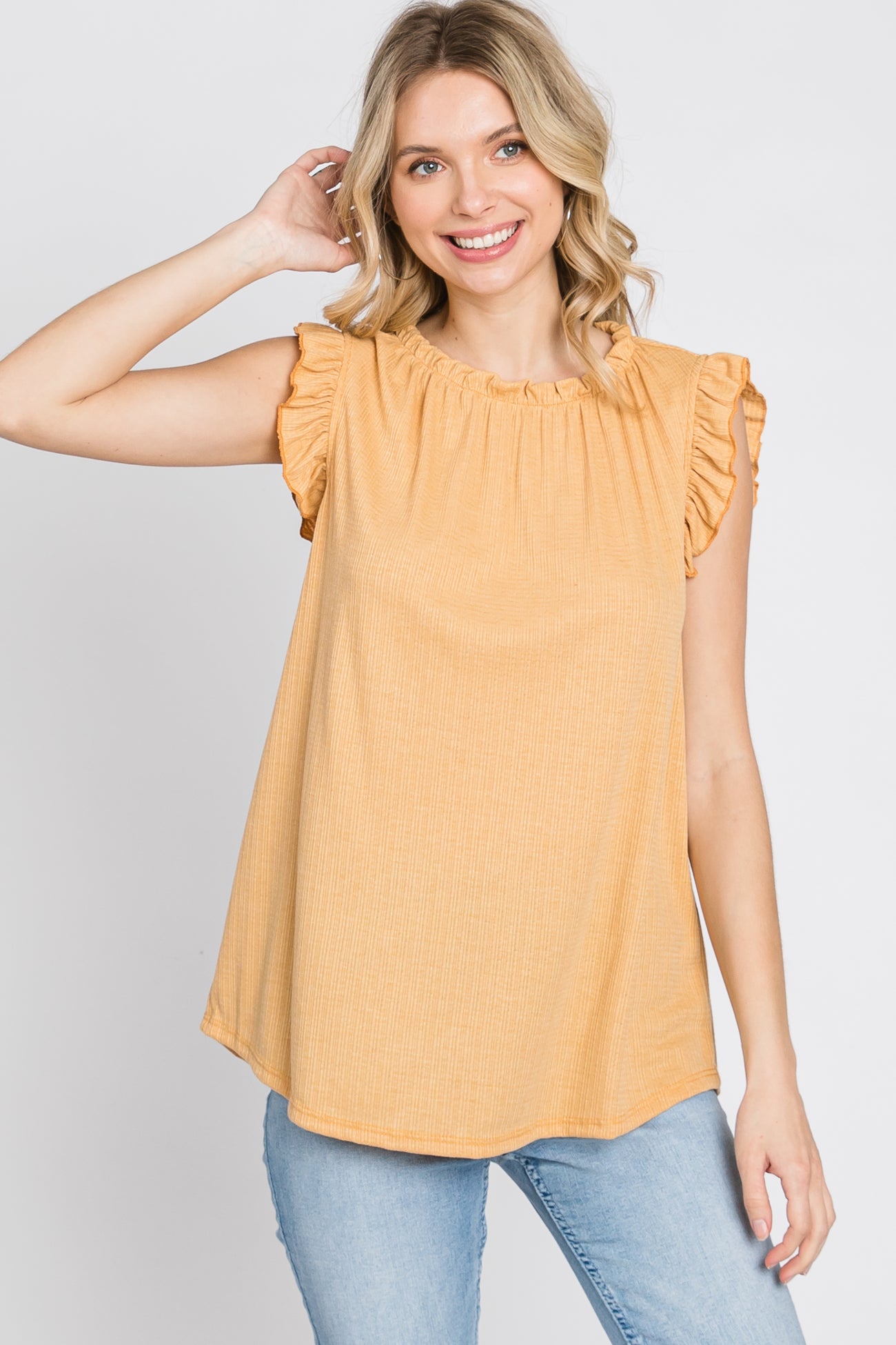 Yellow Ruffle Accent High Neck Top