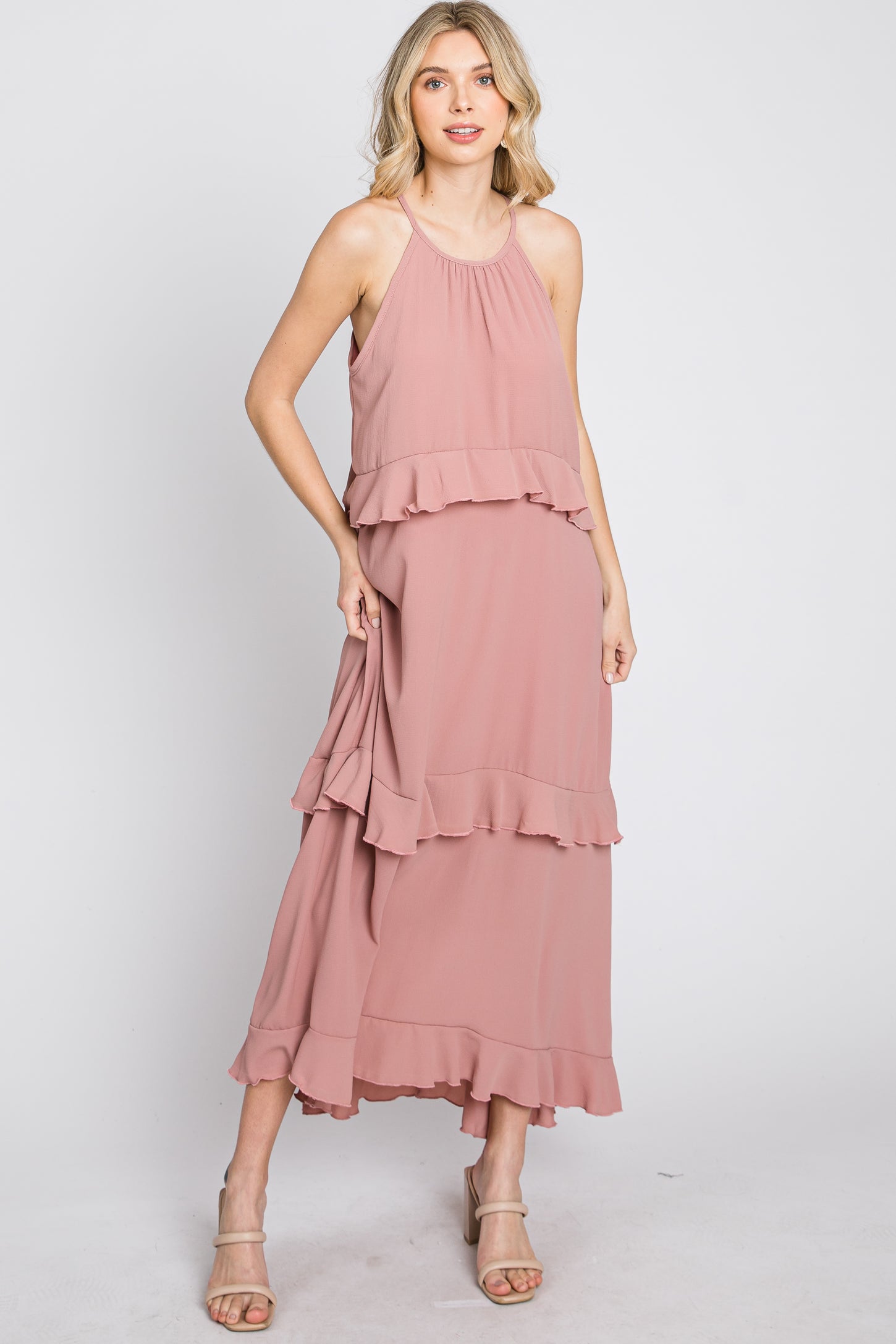 Pink Halter Neck Ruffle Accent Maxi Dress