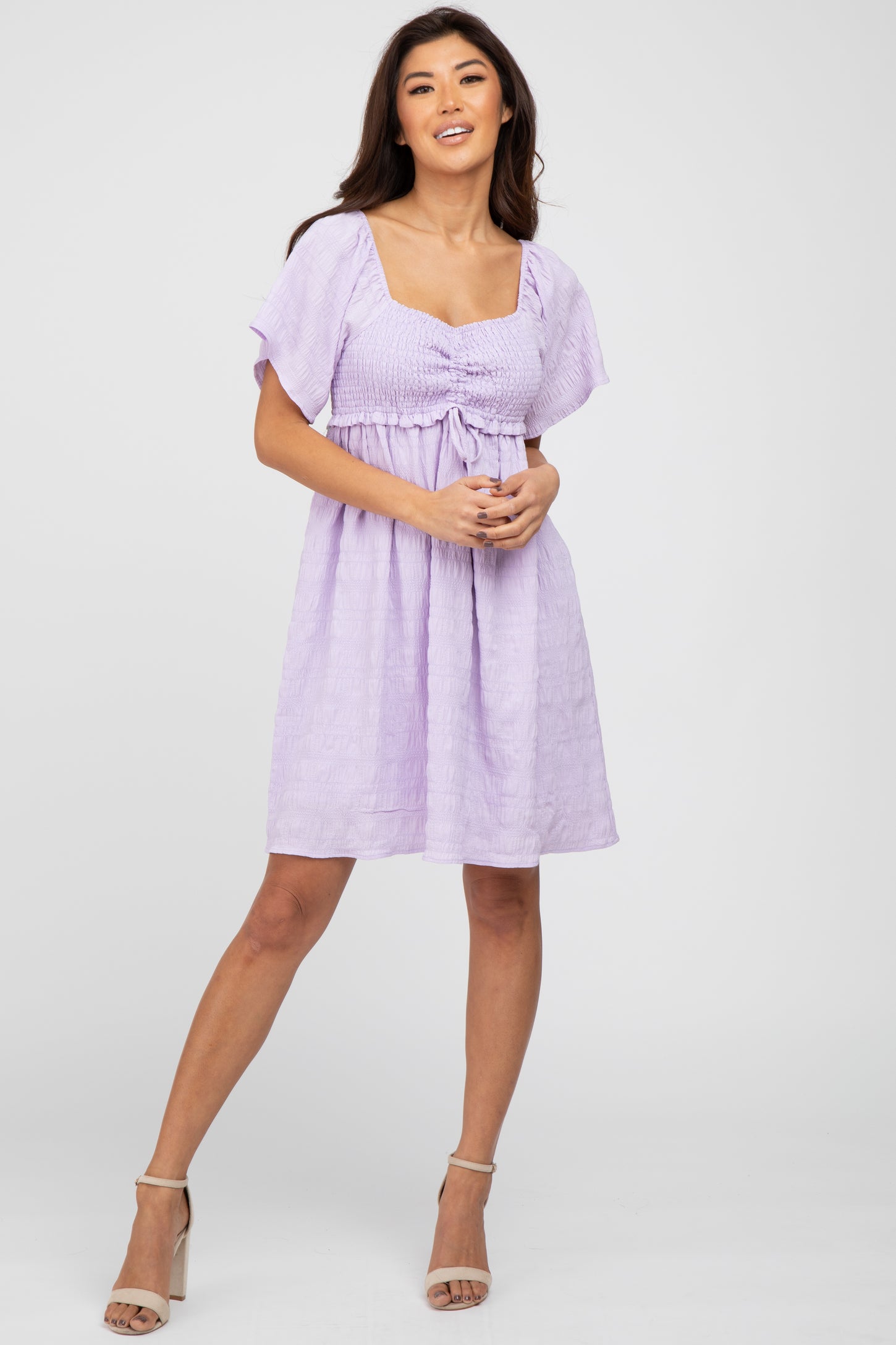 Lavender Smocked Ruched Tie Front Dress