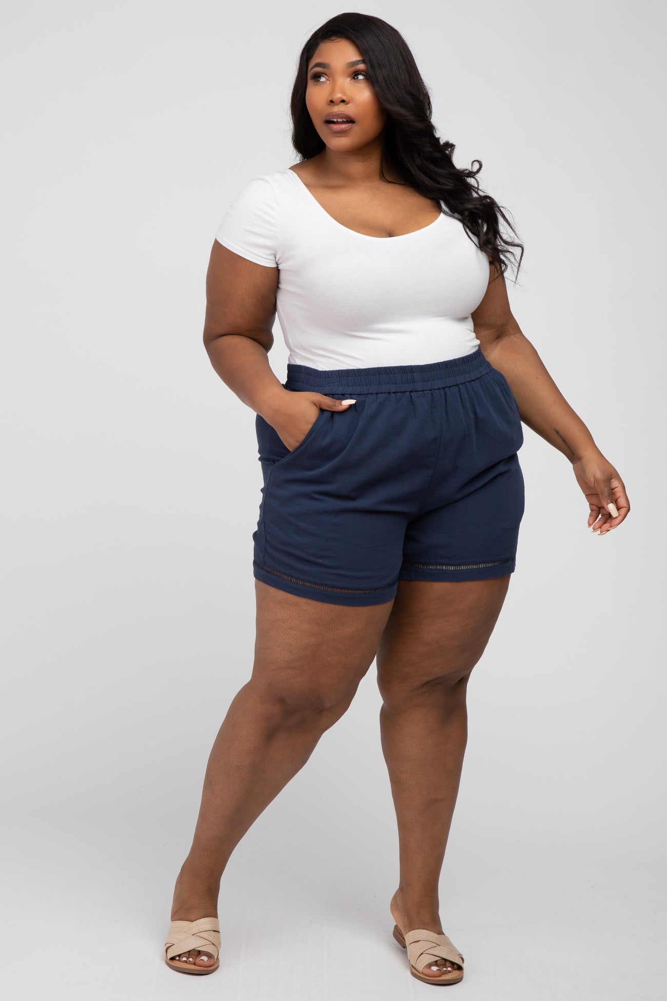 Navy Blue Ladder Trim Maternity Plus Shorts