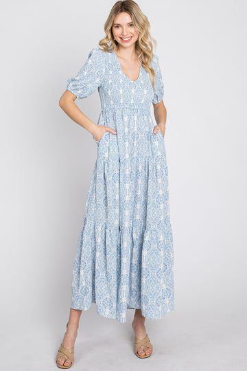 Blue Paisley Print Smocked Tiered Maxi Dress