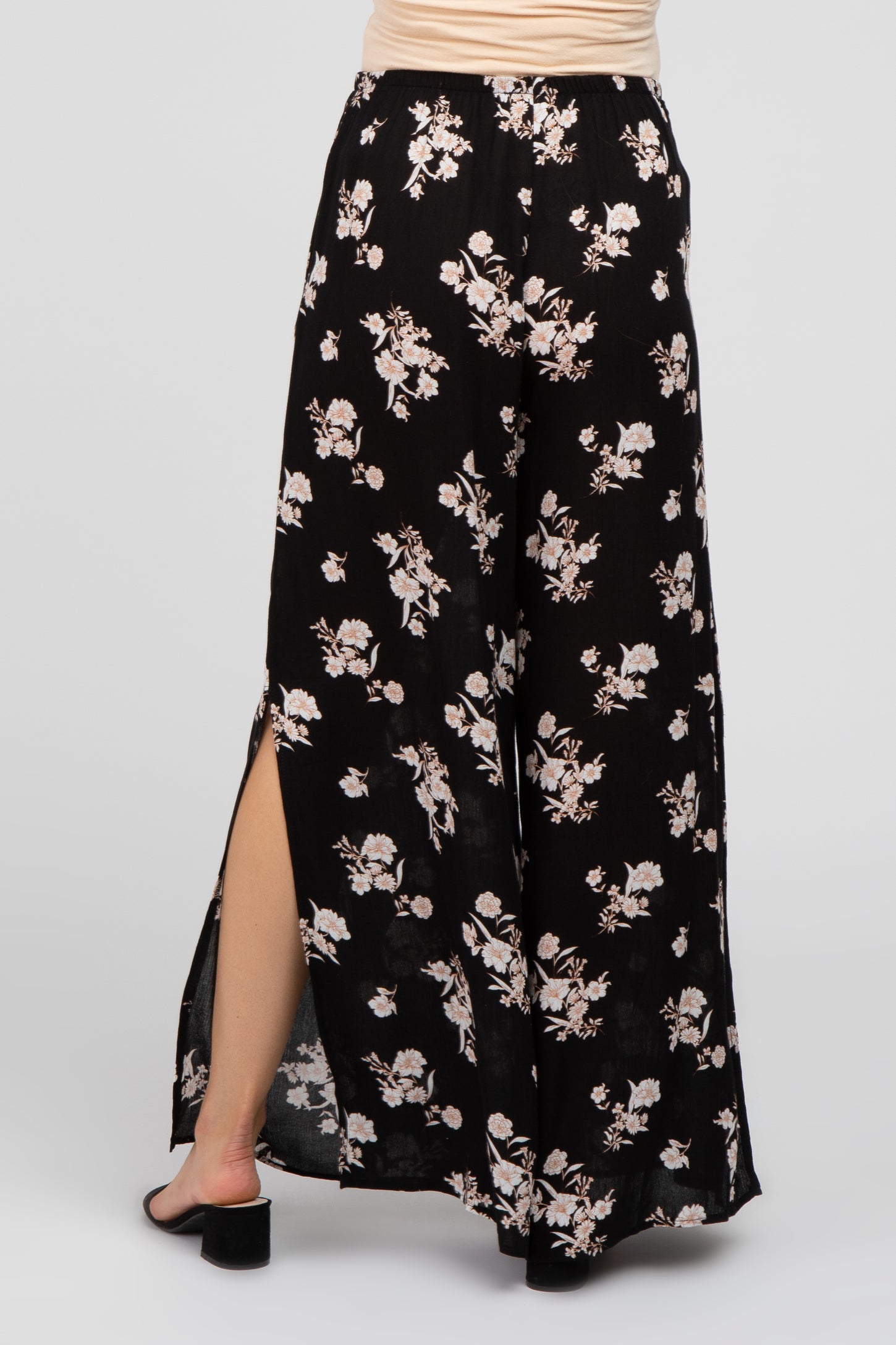 Black Floral Split Hem Maternity Pants