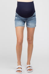 maternity denim shorts with navy blue over-the-belly comfort band and cuffed hems