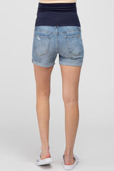 back view of maternity denim shorts with elastic belly band and cuffed hems