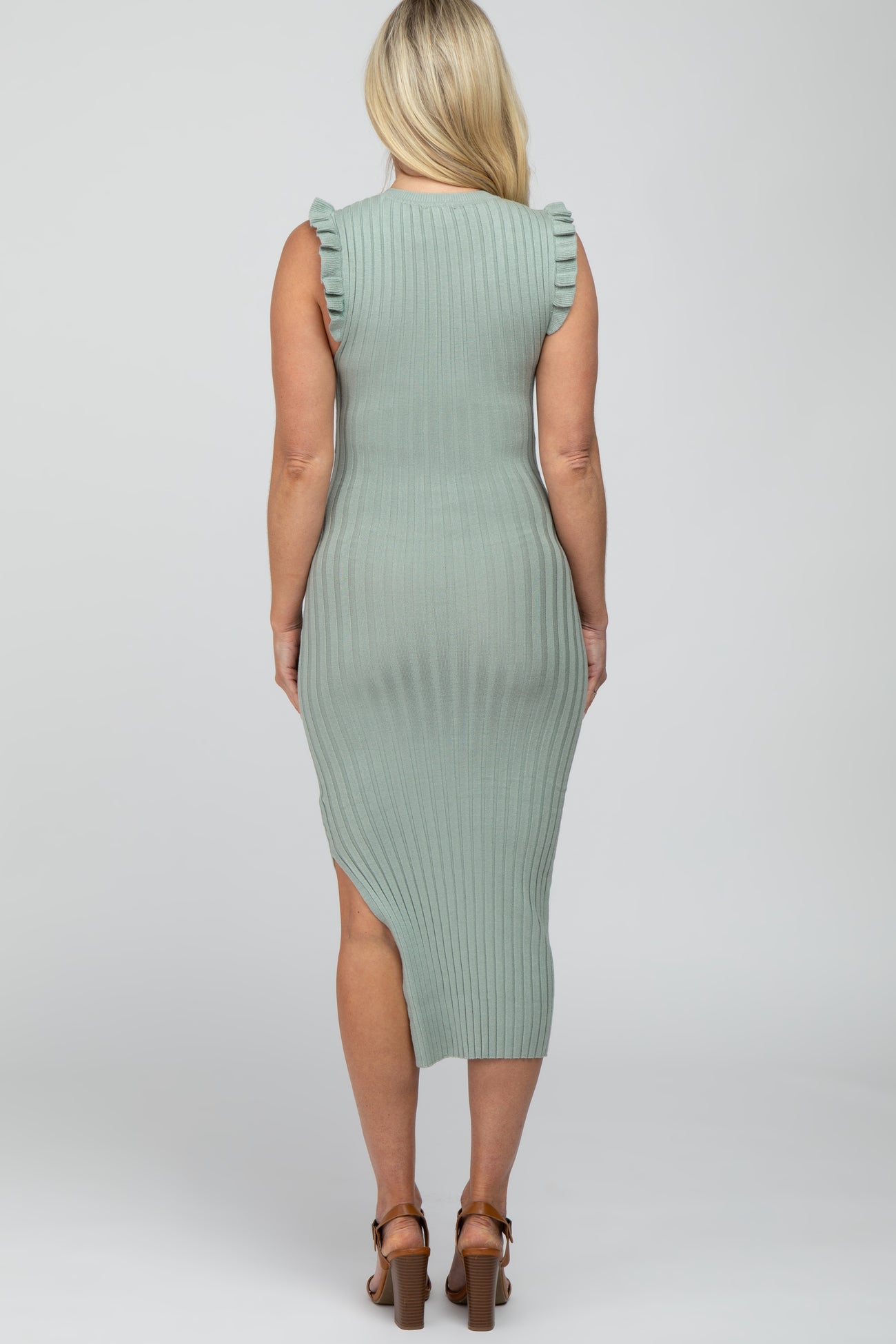 Mint Green Ribbed Flutter Accent Maternity Midi Dress