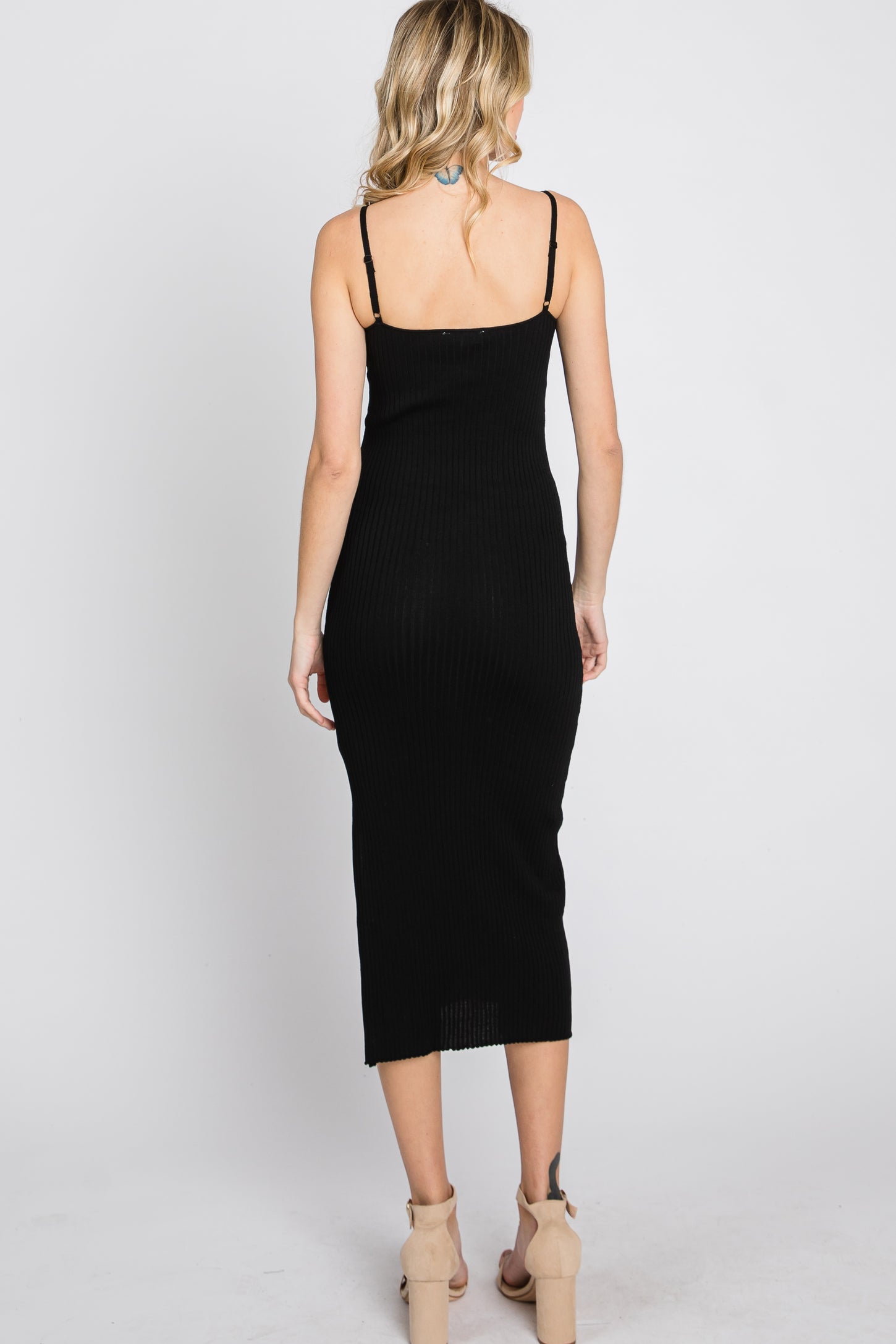 Black Ribbed Square Neck Side Slit Midi Dress