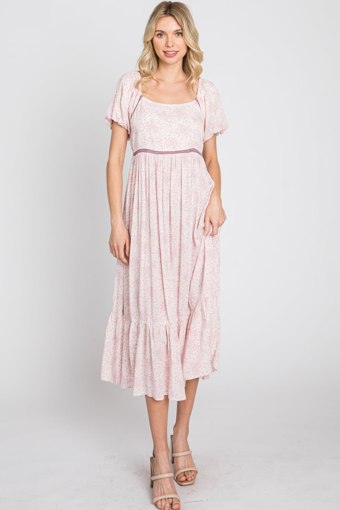 Pink Floral Crochet Accent Midi Dress