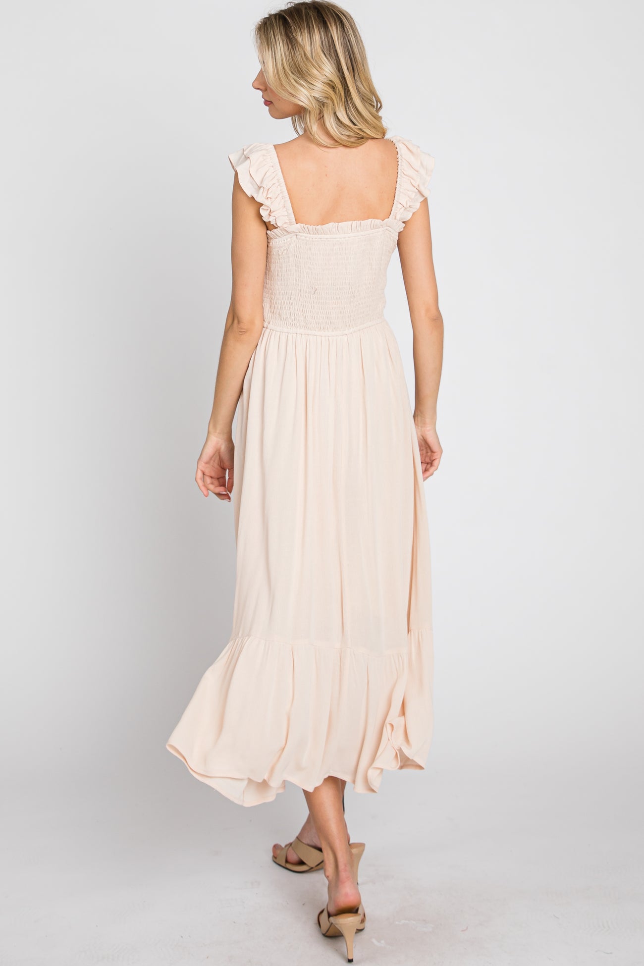 Beige Smocked Ruffle Accent Sleeveless Midi Dress