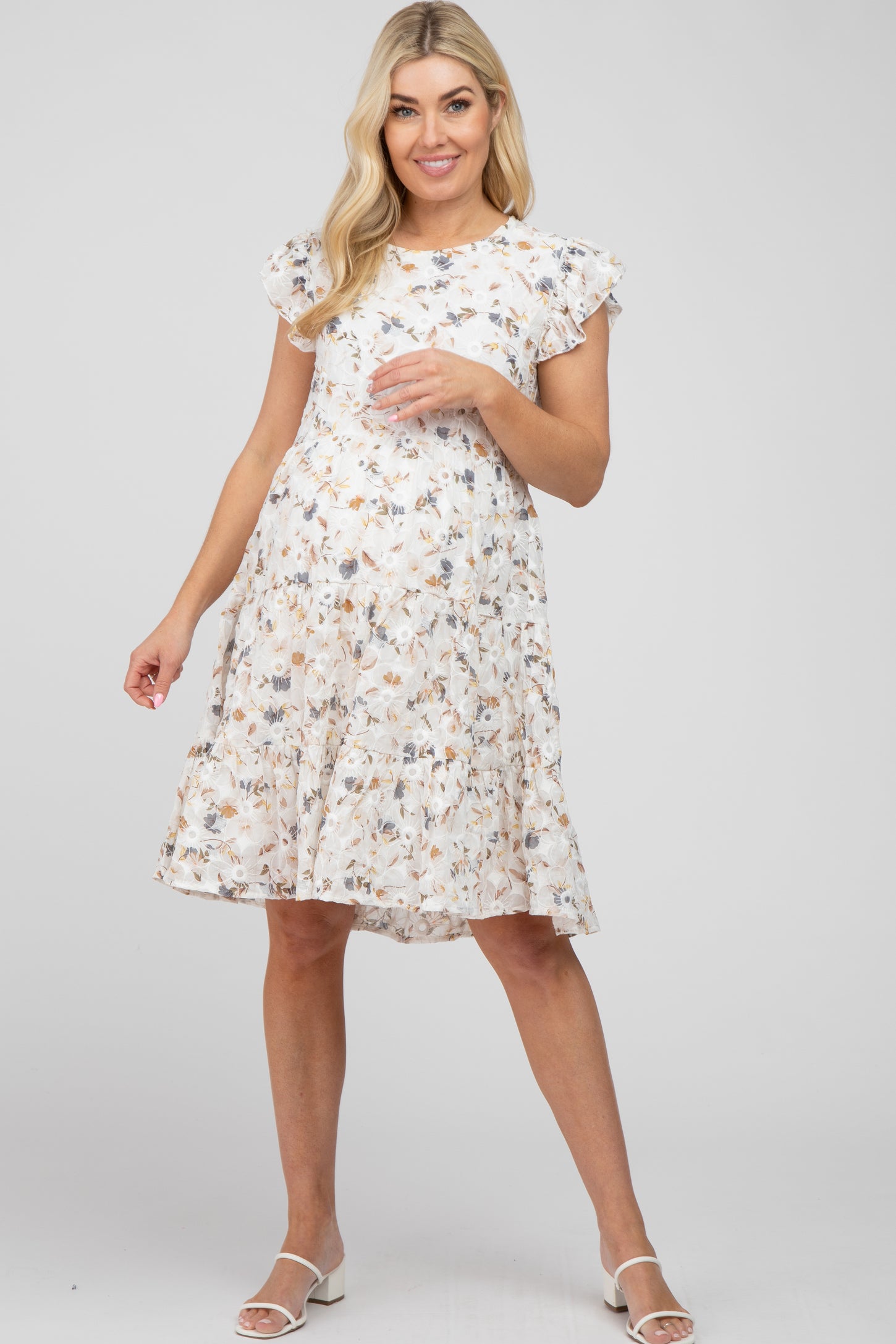 Ivory Floral Embroidered Tiered Maternity Dress