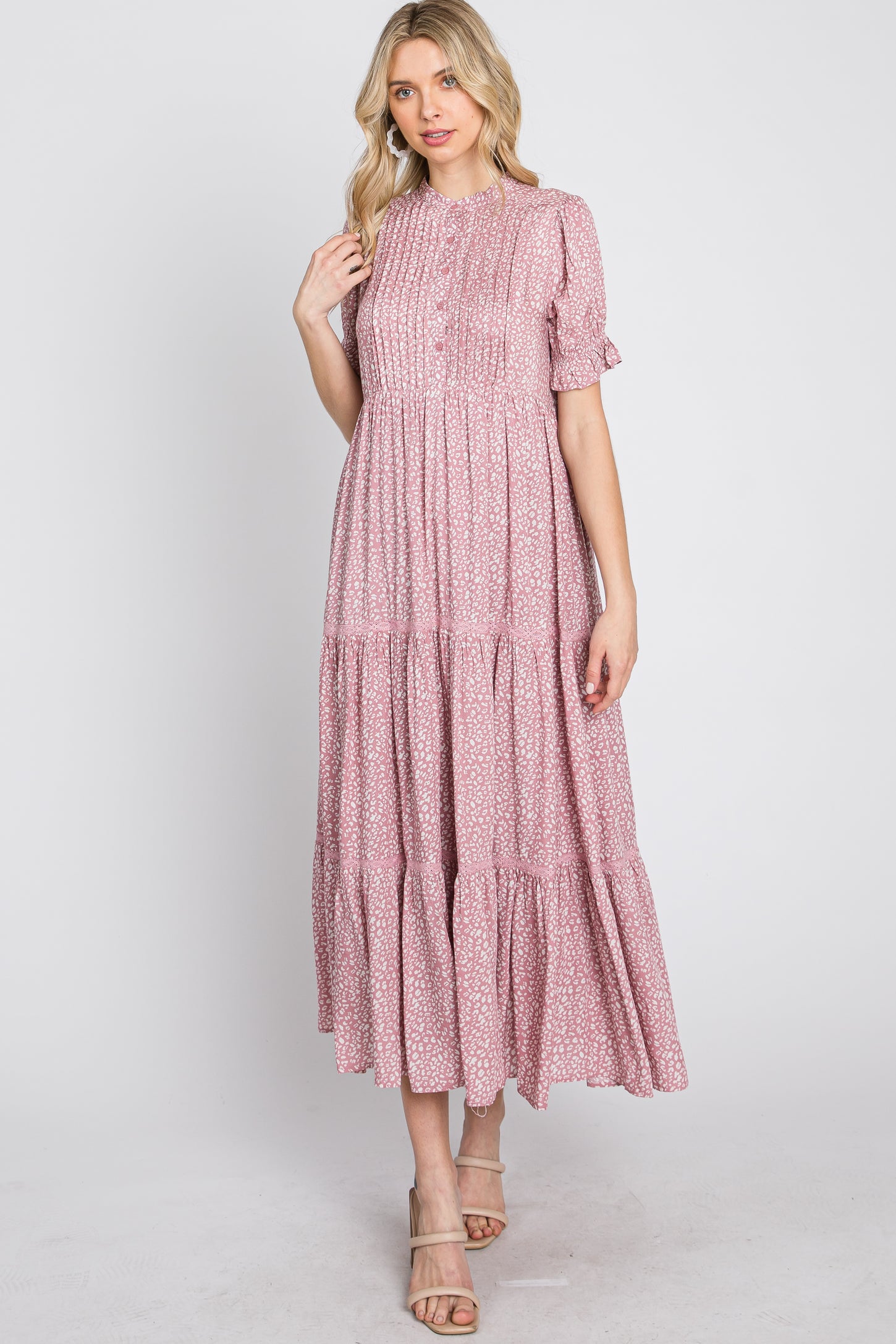 Mauve Animal Print Button Front Tiered Midi Dress