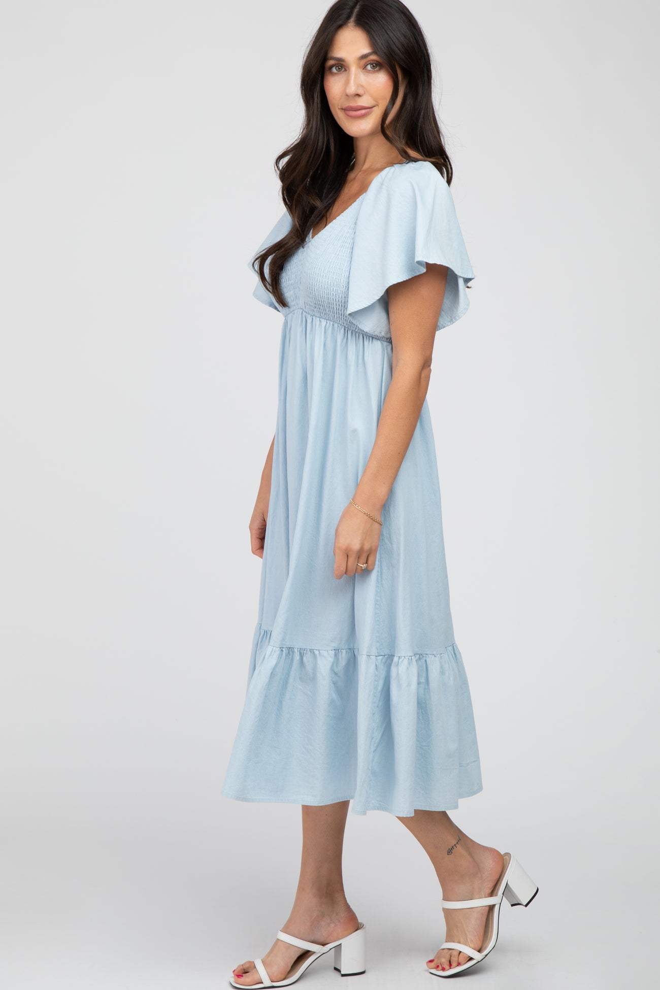 Light Blue Smocked Ruffle Hem Midi Dress