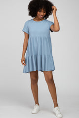 Light Blue Ribbed Tiered Dress