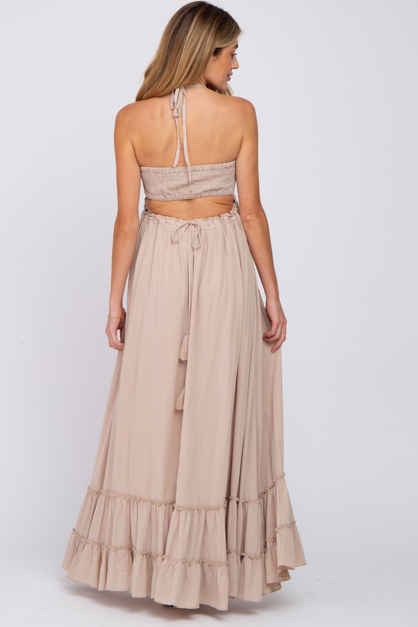Beige Halter Neck Cut Out Maternity Maxi Dress