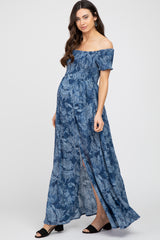 Navy Floral Off Shoulder Smocked Maternity Maxi Dress