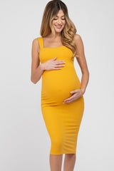 Mustard Ribbed Fitted Maternity Dress