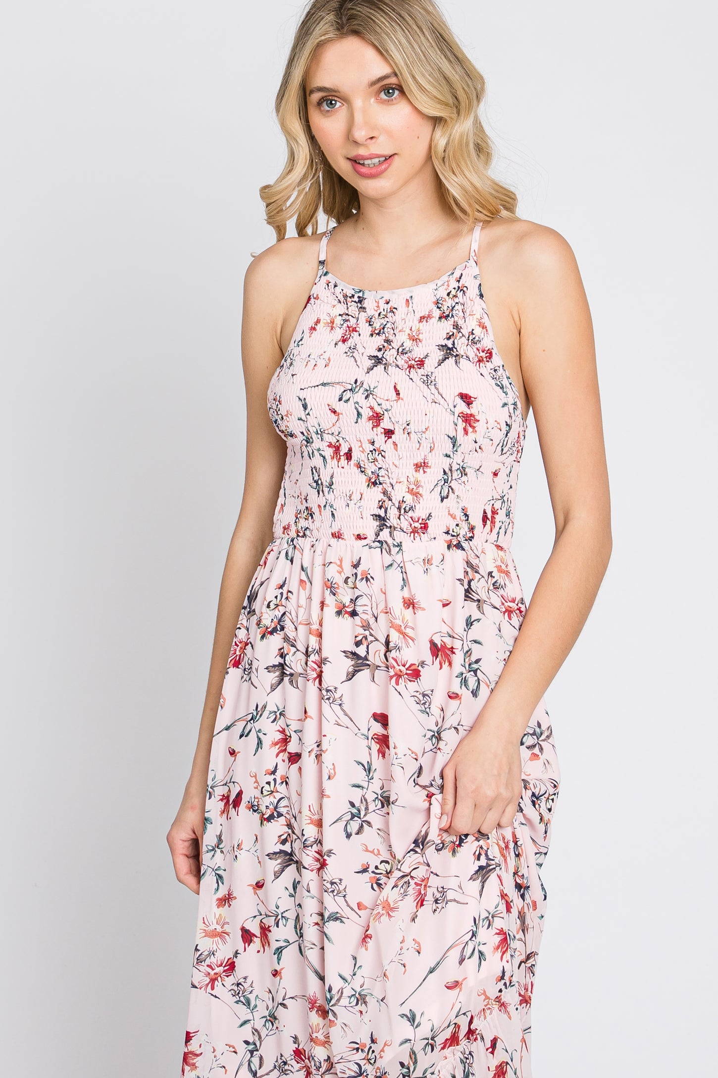 Pink Floral Chiffon Smocked Midi Dress