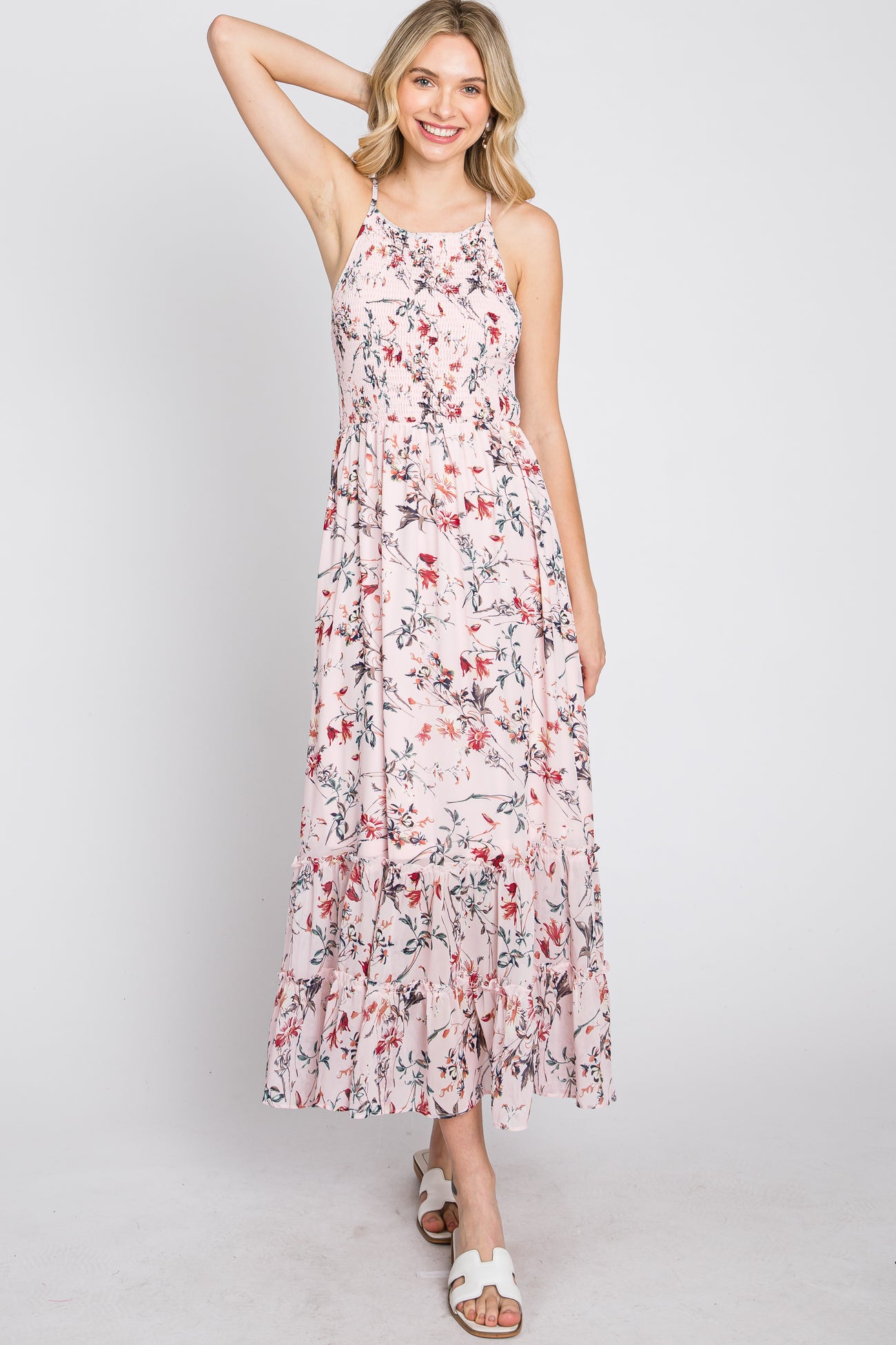 Pink Floral Chiffon Smocked Midi Dress