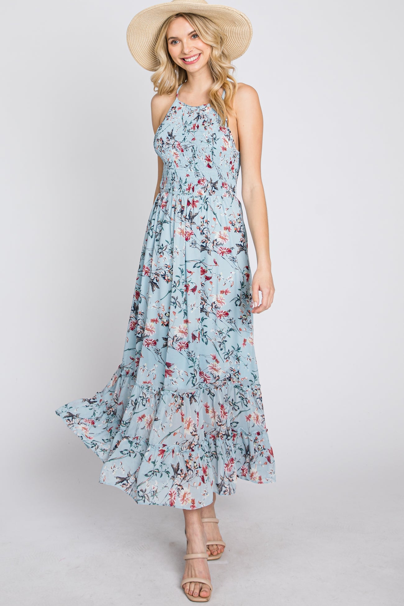Light Blue Floral Chiffon Smocked Maternity Midi Dress