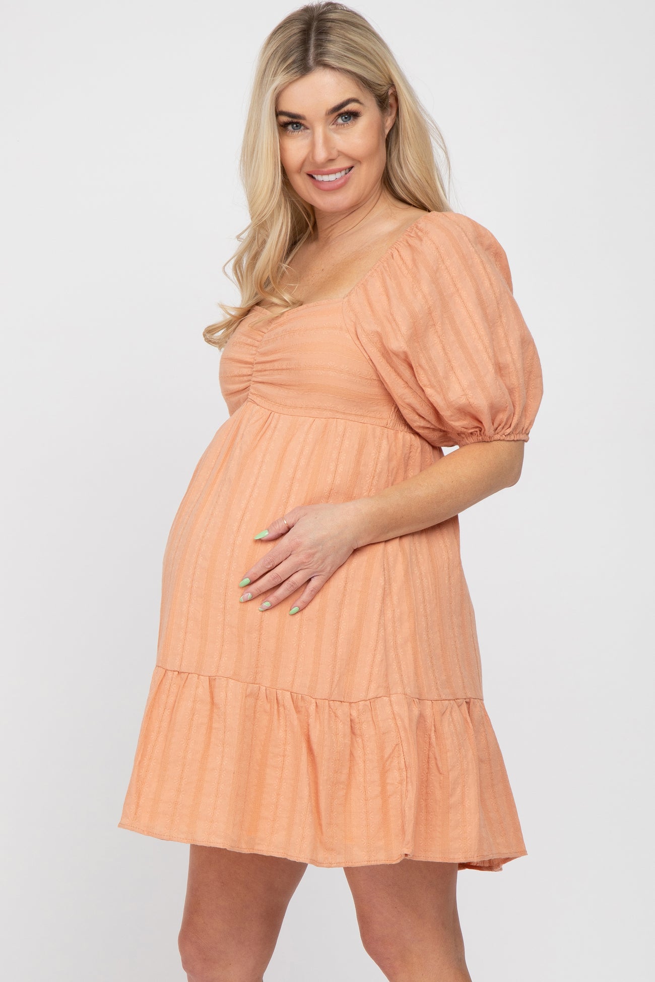 Peach Flower Embroidered Sweetheart Neck Bubble Sleeve Maternity Dress
