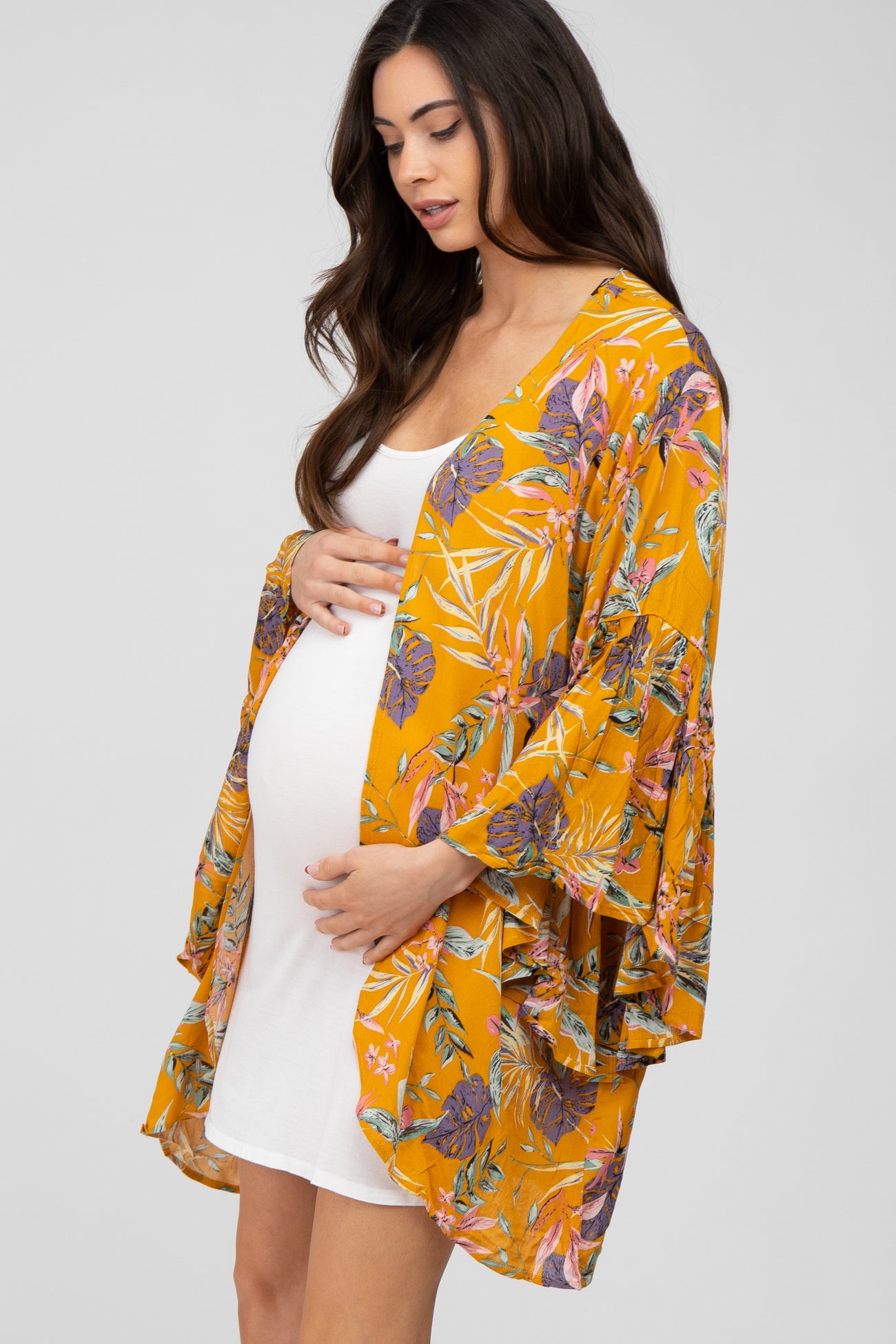 Yellow Floral Bell Sleeve Maternity Cover Up