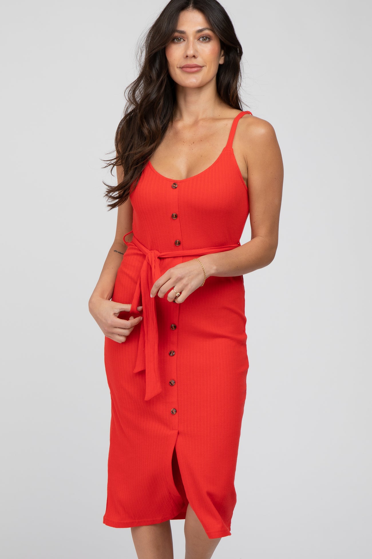 Red Ribbed Sash Tie Midi Dress