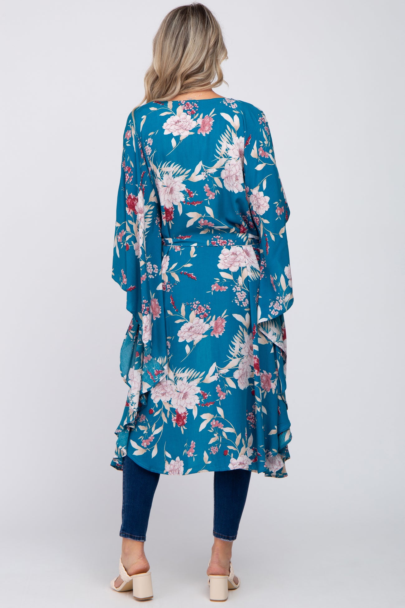 Teal Floral Flowy Round Hem Maternity Cover-Up