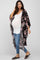 pregnant woman wearing a black floral maternity kimono over a white tank top and blue jeans