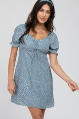 Blue Floral Cinched Sweetheart Neck Dress