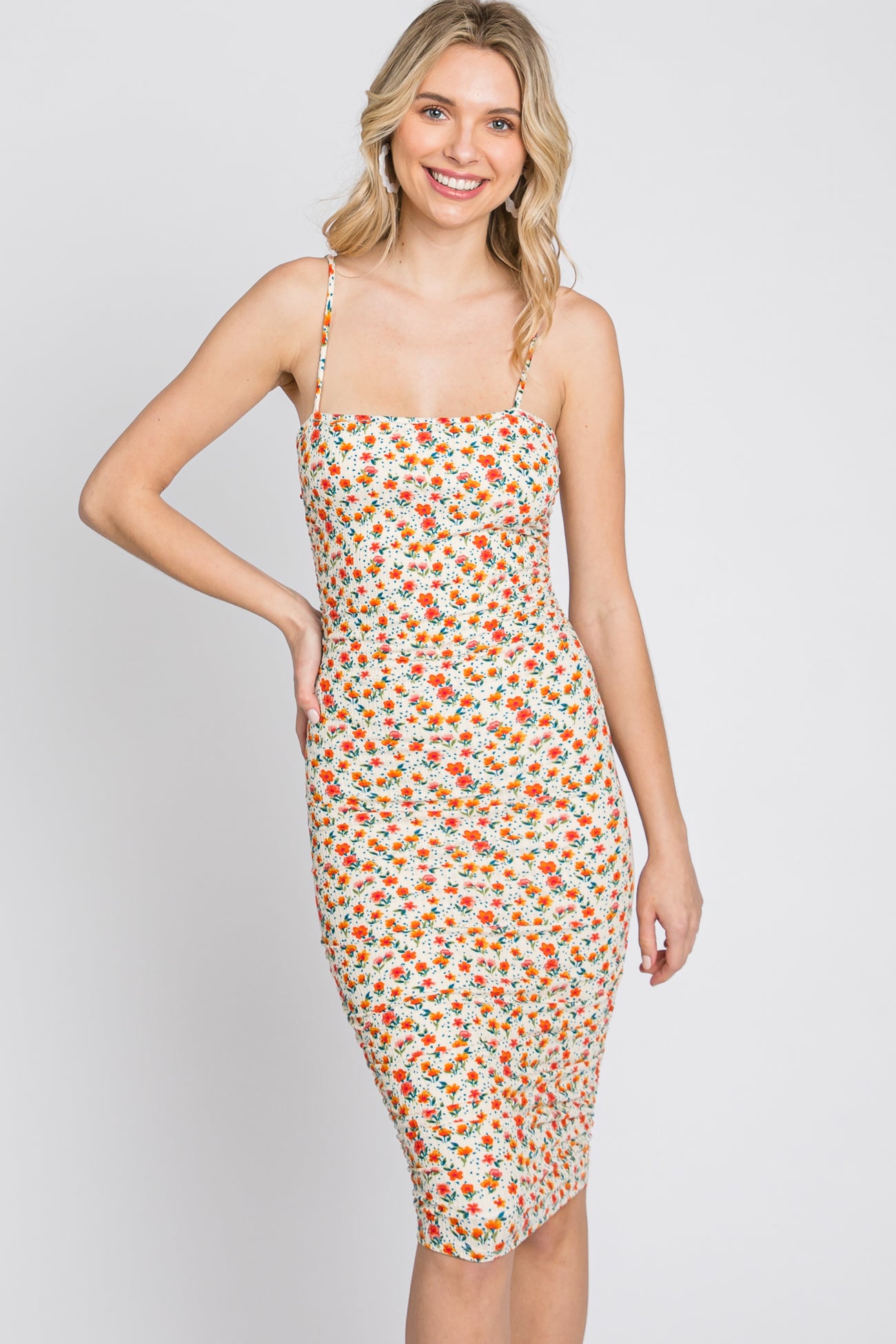 Ivory Floral Ribbed Fitted Dress