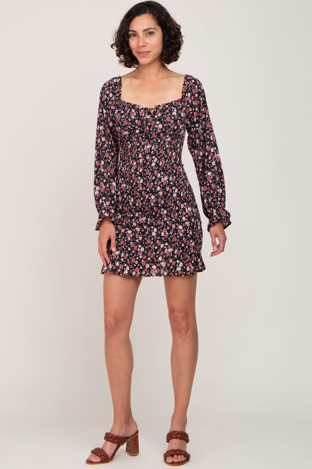 Black Floral Sweetheart Neck Smocked Long Sleeve Dress