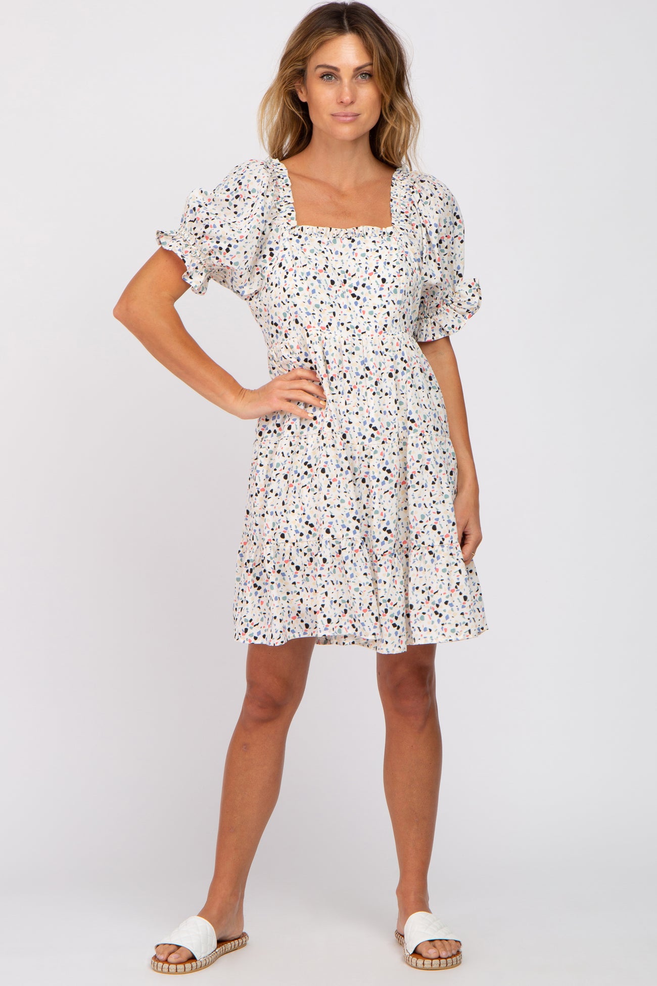 Ivory Printed Puff Sleeve Tiered Dress