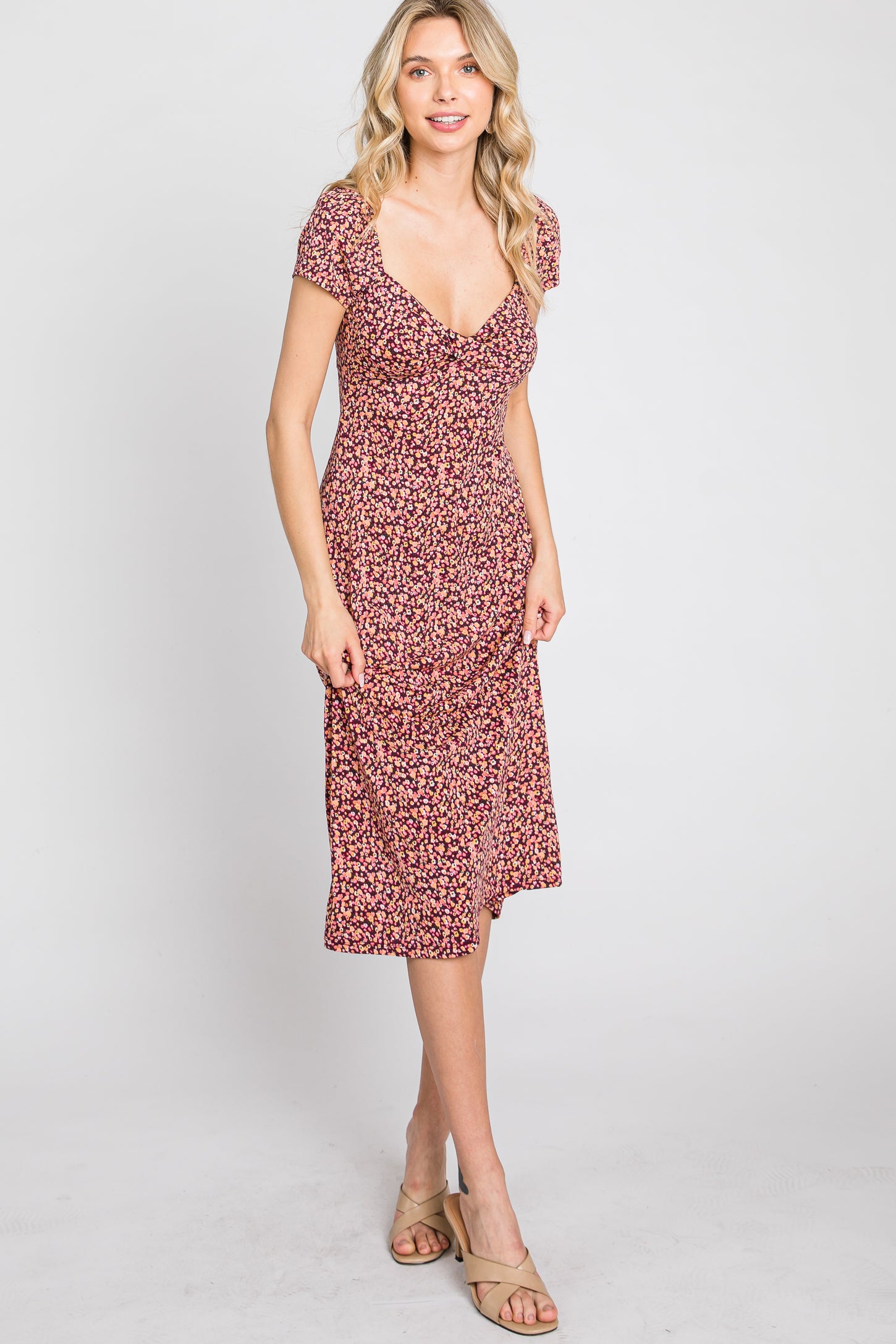 Mauve Floral Sweetheart Midi Dress
