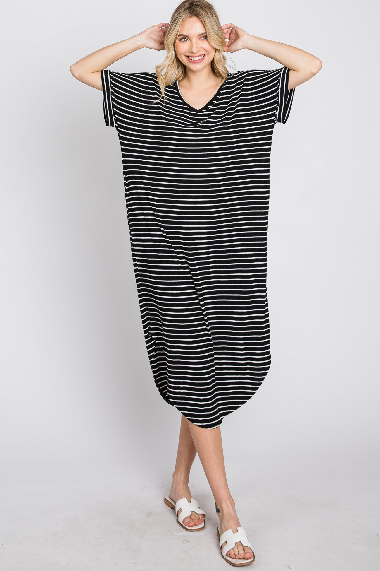 Black Striped Ribbed Curved Hem Midi Dress